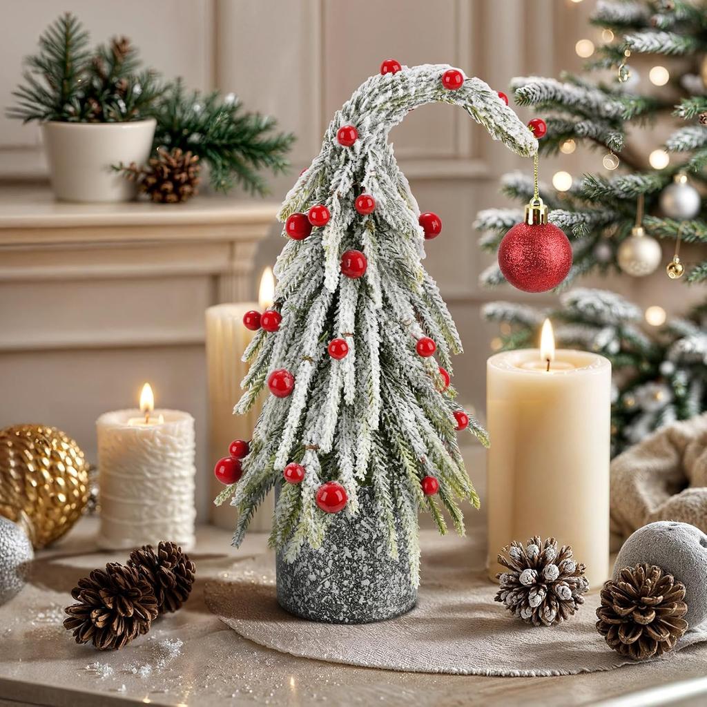12 Inch Curved Christmas Tree with Red Balls, Mini Artificial Xmas Tree for Tabletop Holiday Decor