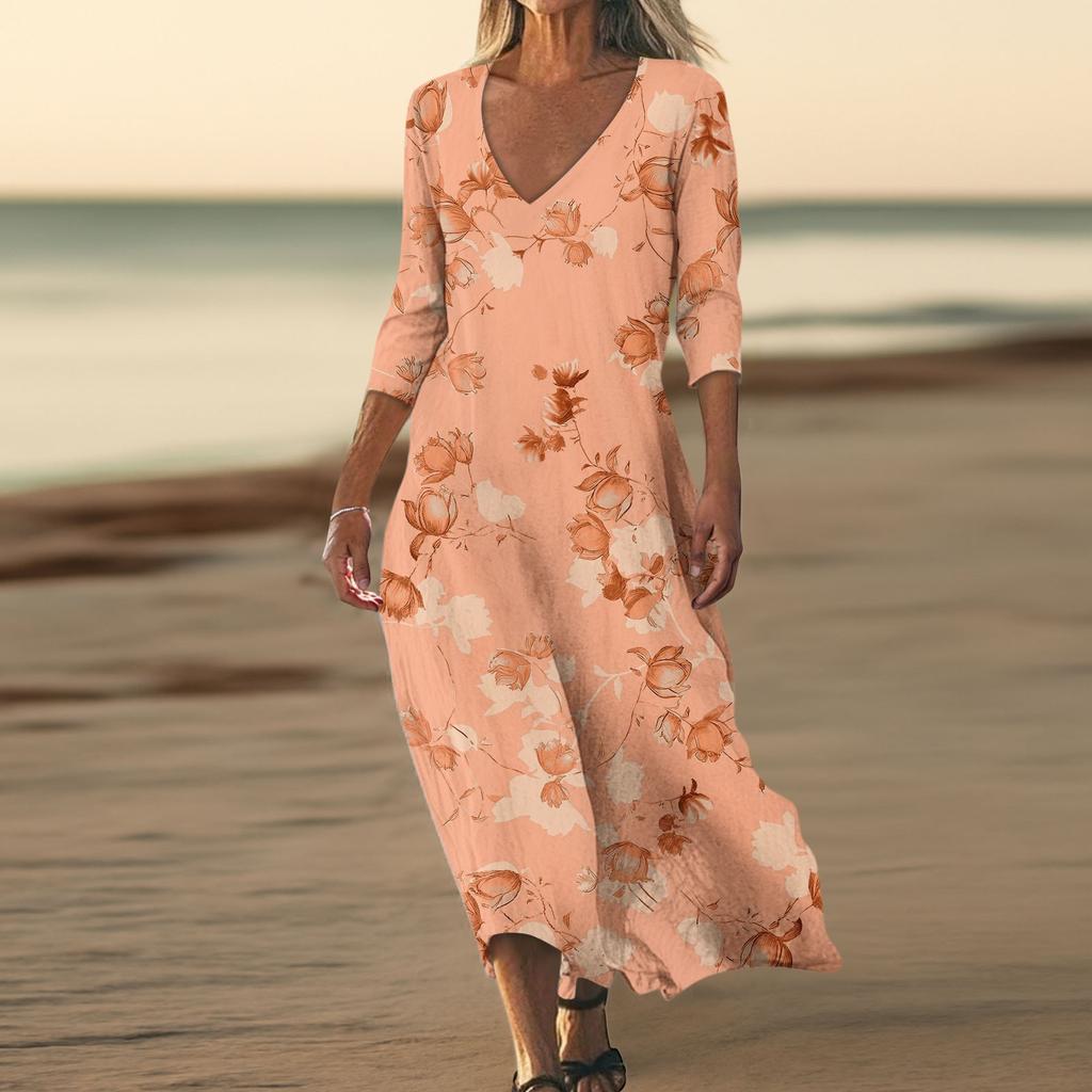 Dresses For Womens Vintage Print Tunic Waisted Midi Dress Summer Casual  3/4 Sleeve Dress