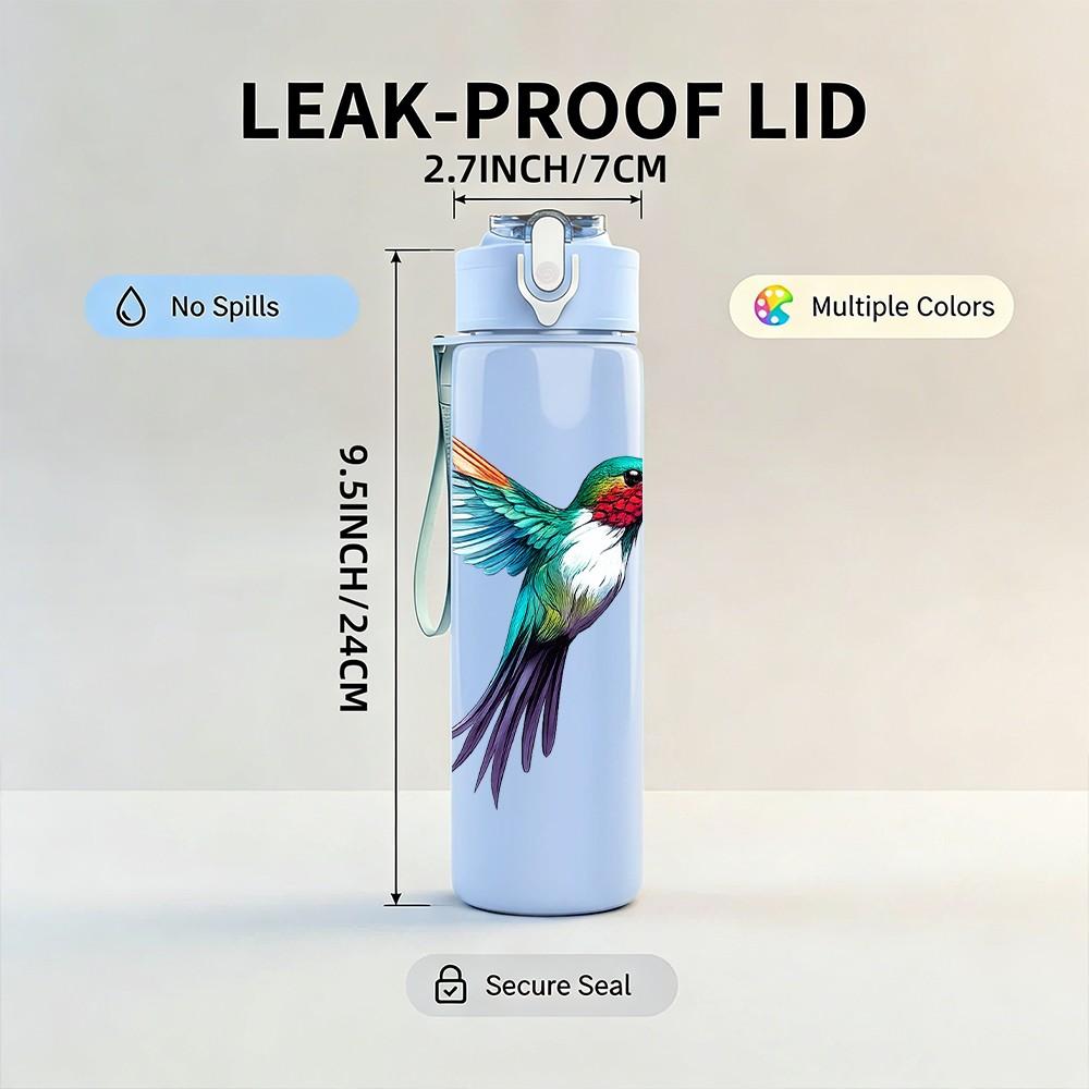 1PC Colorful Hummingbird Bird Art Print 750ml Color Plastic Sports Water Bottle Leakproof Flip Straw Lid Suitable for Sports Office Home Use