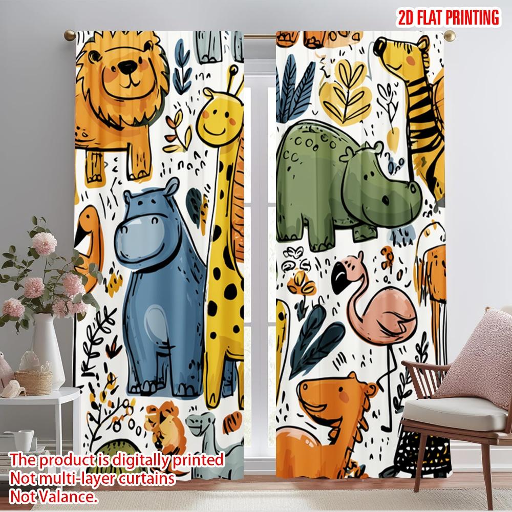 

Set Of 2 Flat Printing Drapes Cute Jungle Animals Polyester Without Electricity Festive Curtains Perfect Holiday Portraits Curtain Made W100*H70(CM)-Rod Pocket&2PCS