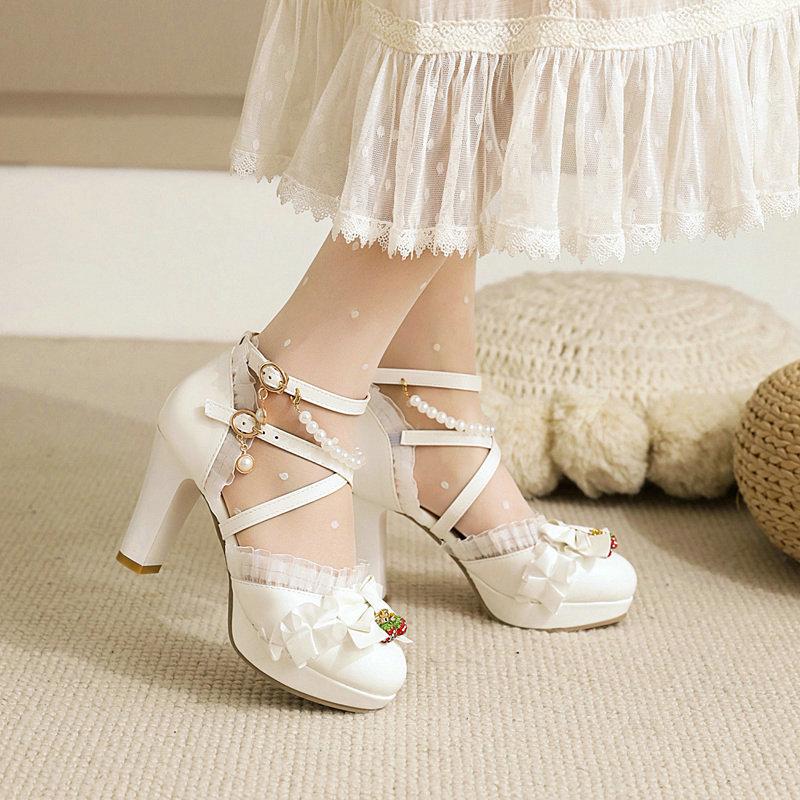 Jenter Høye Hæler Lolita Sandaler Kvinner Plattform Pumps Søt Sløyfe Volanger Bryllup Tenåring Cosplay Festsko Størrelse 33-46
