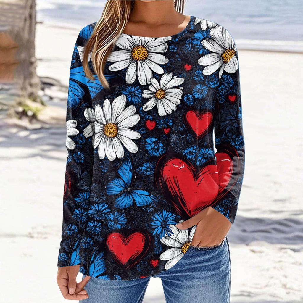 Women's Fashionable Casual Printed Long Sleeved Round Neck Top Round Neck Top Top