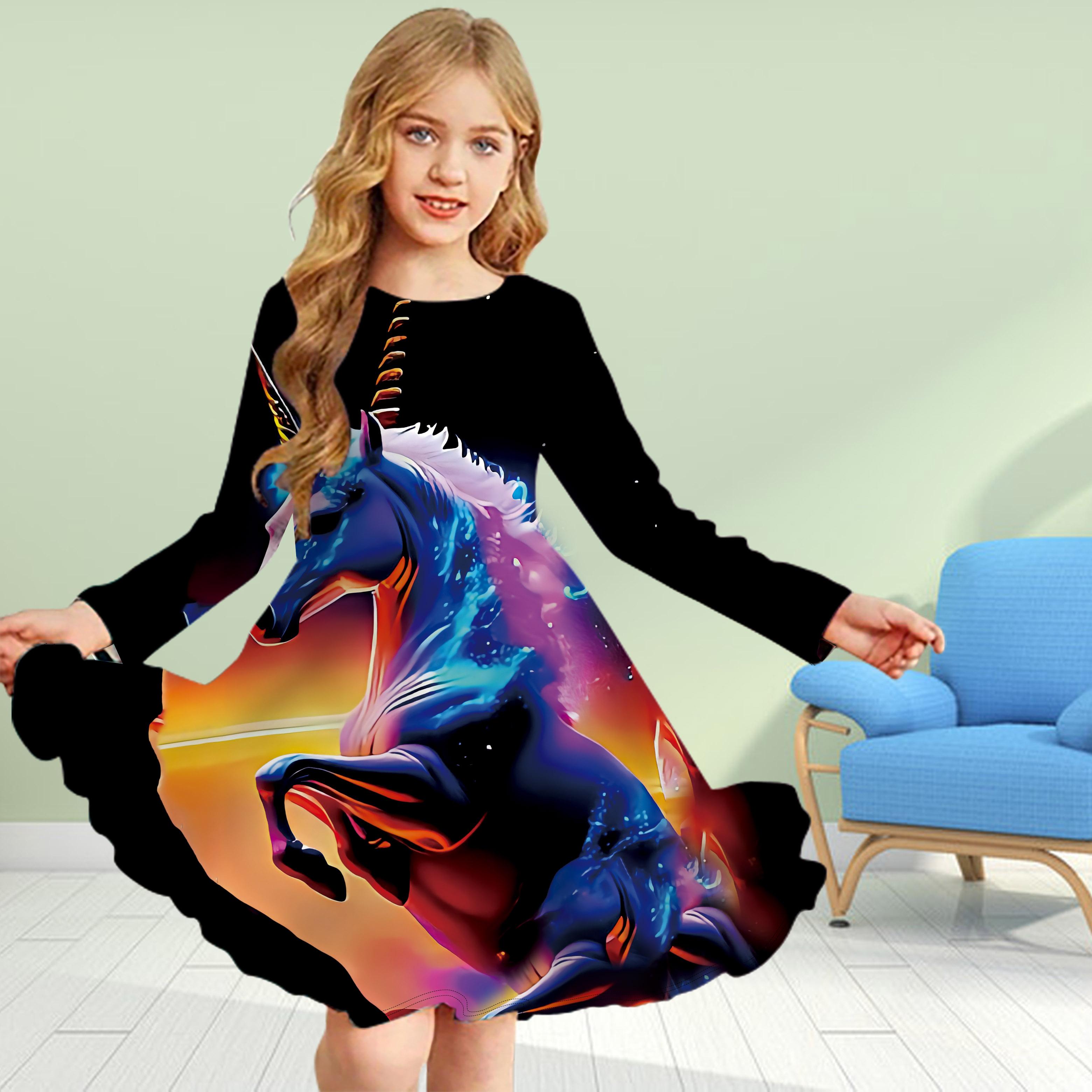 

Повседневное платье для девочек с 3D-принтом и сверкающим единорогом, круглым вырезом и длинными рукавами, детское платье принцессы 80 фиолетовый