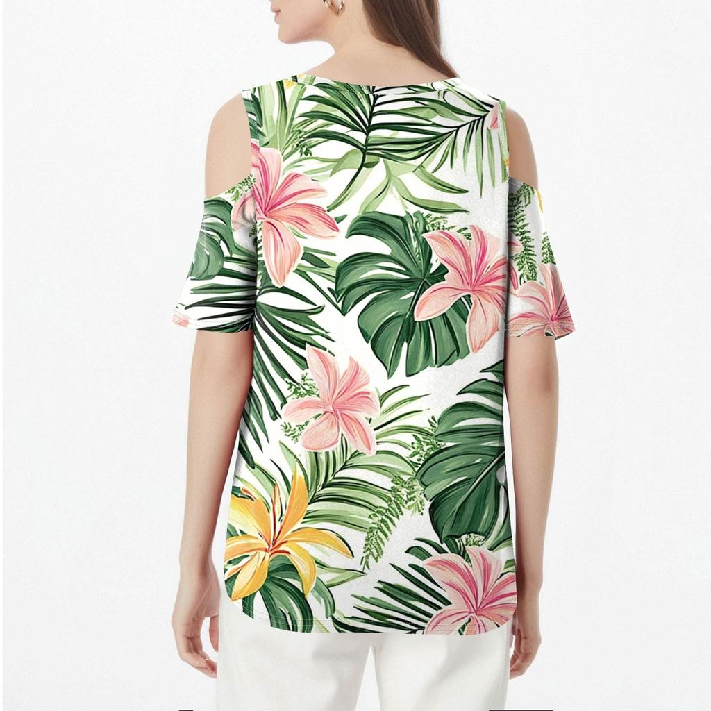 Women's Summer Fashion Casual Floral Printed Strapless V-Neck Short Sleeve T-Shirt Top