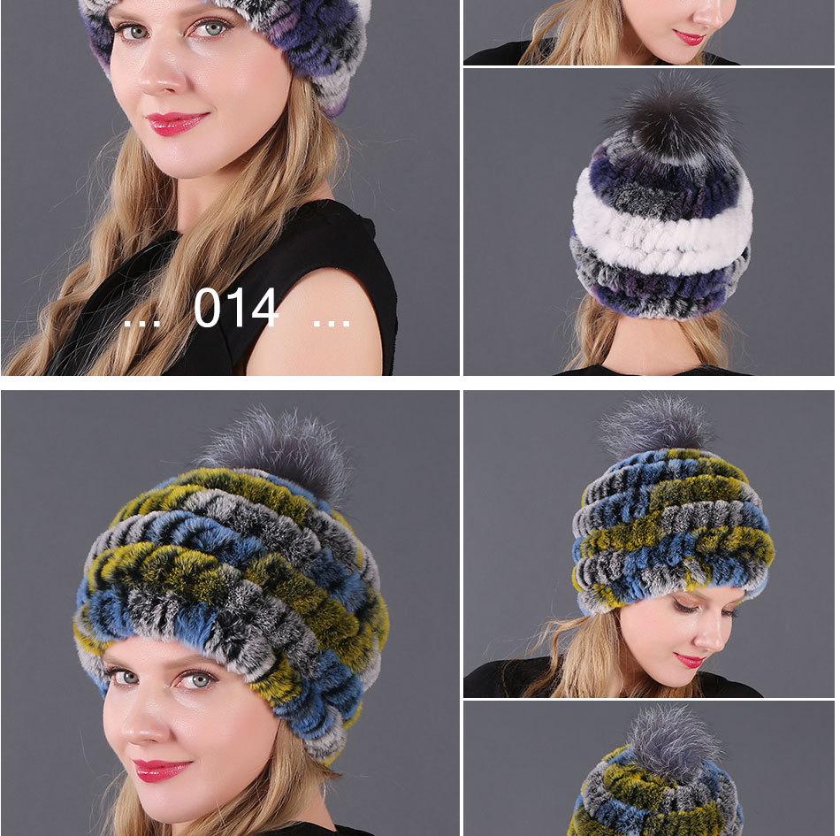 Women's Fur Hat with Rex Rabbit and Fox Fur Pompon for Autumn and Winter