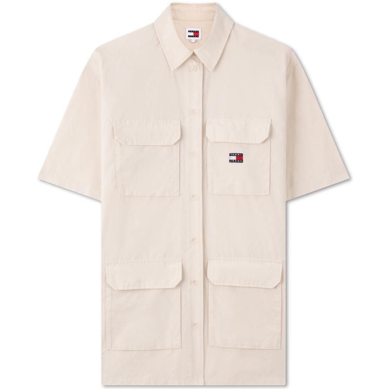 Tommy Hilfiger Style Vintage Américain Chemise Robe de Travail Ample Brodée Multi-Poches Robe Manches Courtes Robe Femme Blanc Cassé DW0DW17945 M white