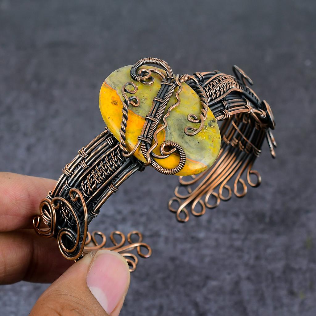 Bumble Bee Jasper Gemstone Handmade Copper Wire Wrap Cuff Bangle Adjustable H0w28