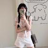 Sweet Pink Bow Bubble Sleeve Plaid Short-sleeved Shirt Women's New Design Retro Waist Shirt
