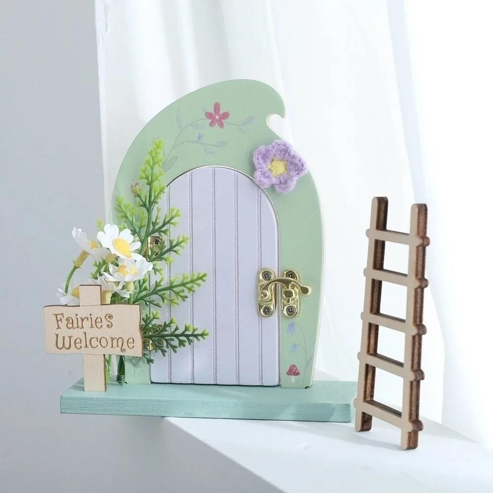 Cartoon Wooden Fairy Door Ornaments with Ladder Detachable Simulation Fairy Door Room Miniature Dollhouse Decor Courtyard Garden