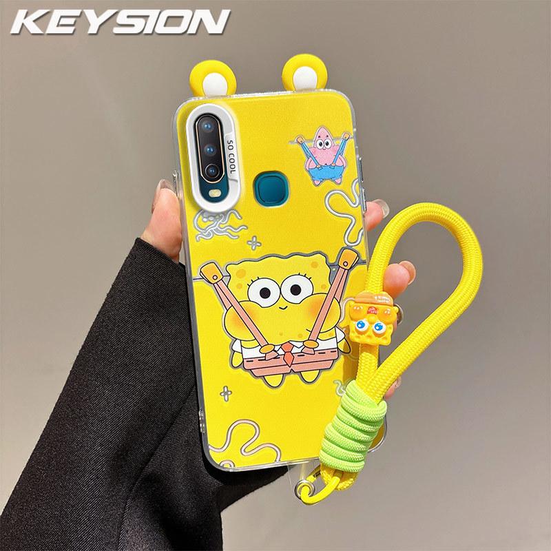 KEYSION Cute Ear Cartoon Case for VIVO Y17 Y15 Y12 with Lanyard Soft Silicone+PC Shockproof Phone Back Cover for VIVO Y11 2019