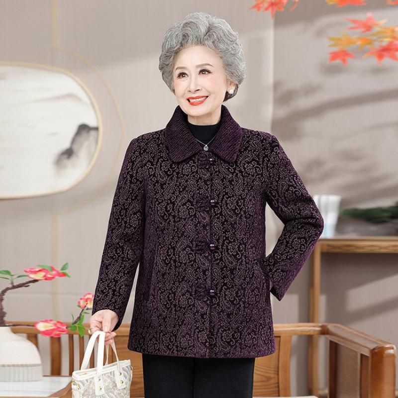 

Женская куртка Осенняя одежда Длинные рукава Одежда для полных Шерстяная Большой размер Пожилая женщина Лацкан Топ 5XL [recommended 150-80kg] фиолетовый