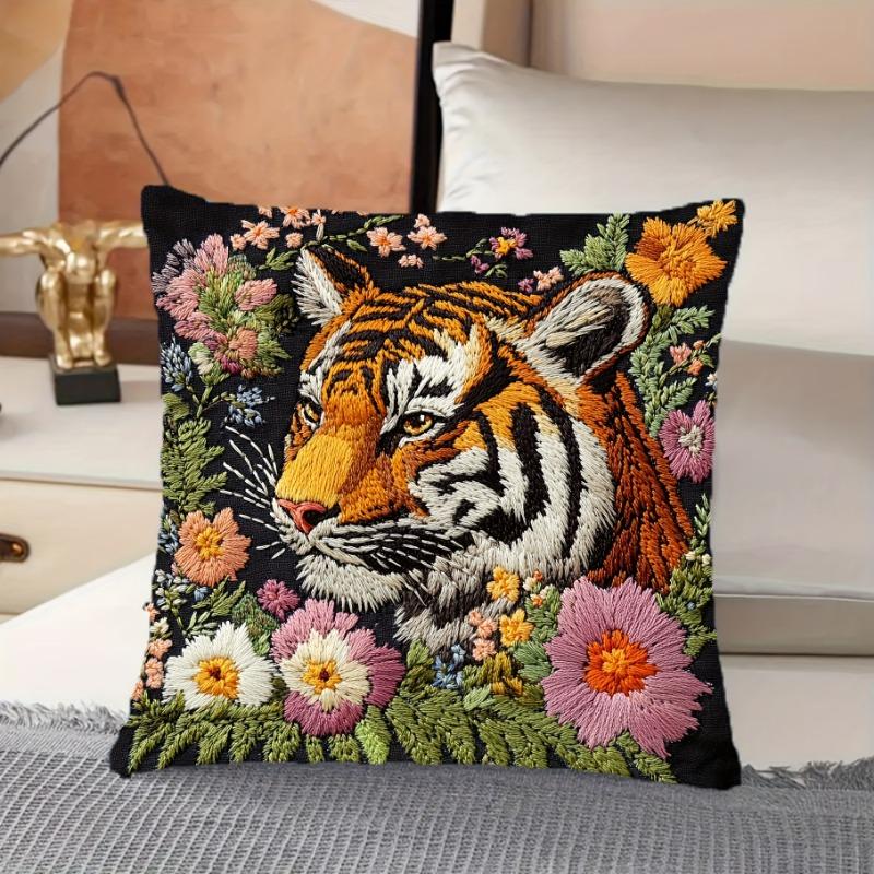 Embroidered Tiger Throw Cushion Covers Chair Living Room Pillowcase Cozy Zipper Sofa Pillow Covers Bedroom Indoor Home Decor