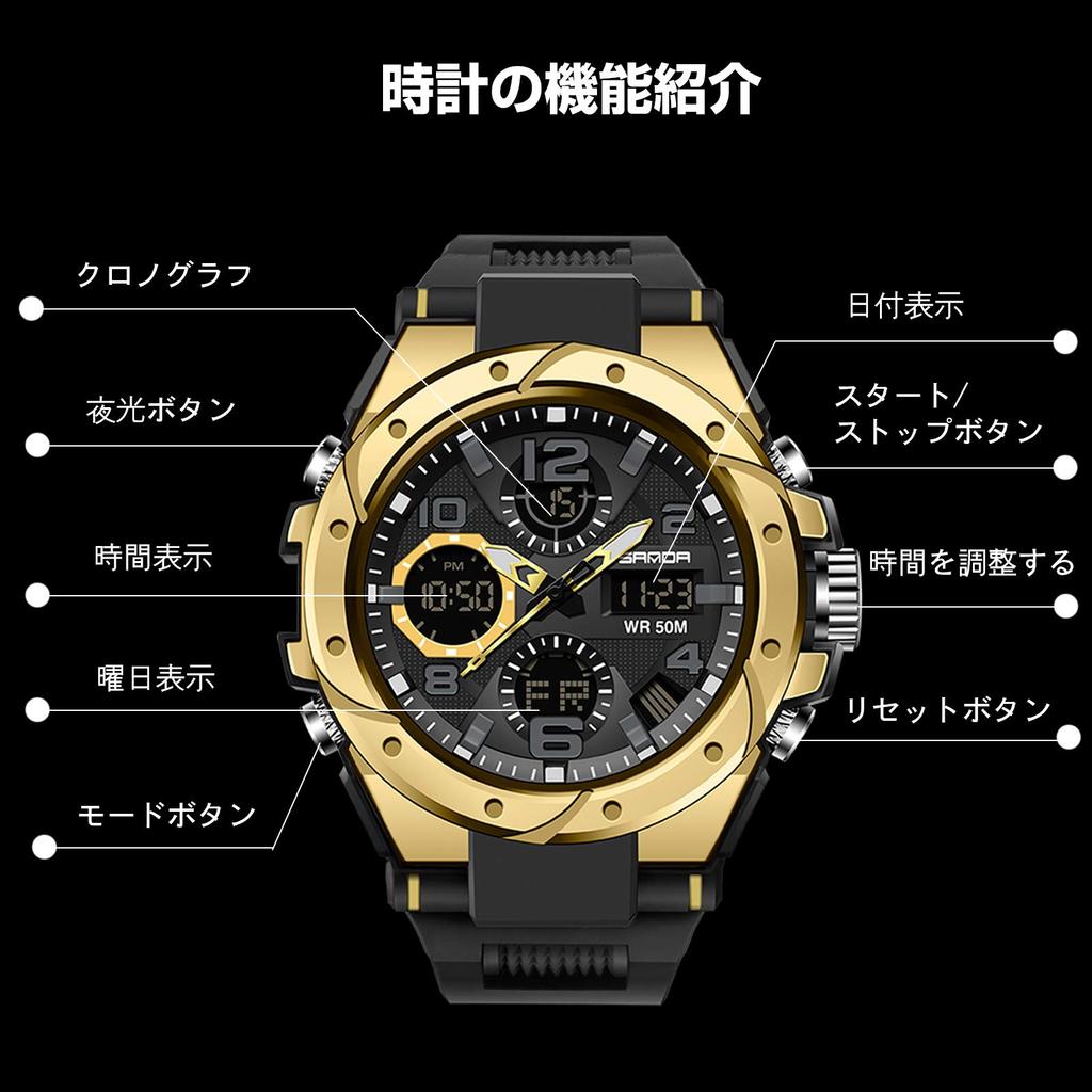 RORIOS Men's Analog-Digi Watch with Chronograph, Stopwatch, Date Display, Day of the Week Display, Waterproof, LED Luminous Display, Multi-Function,