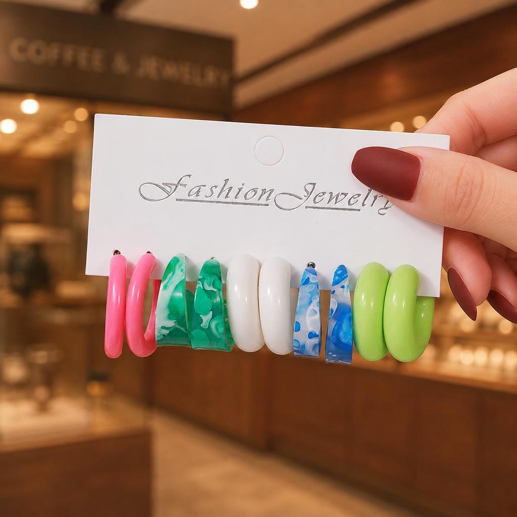 Color C-shaped acrylic earrings, European and American fashion personalized leopard print creative resin jewelry set