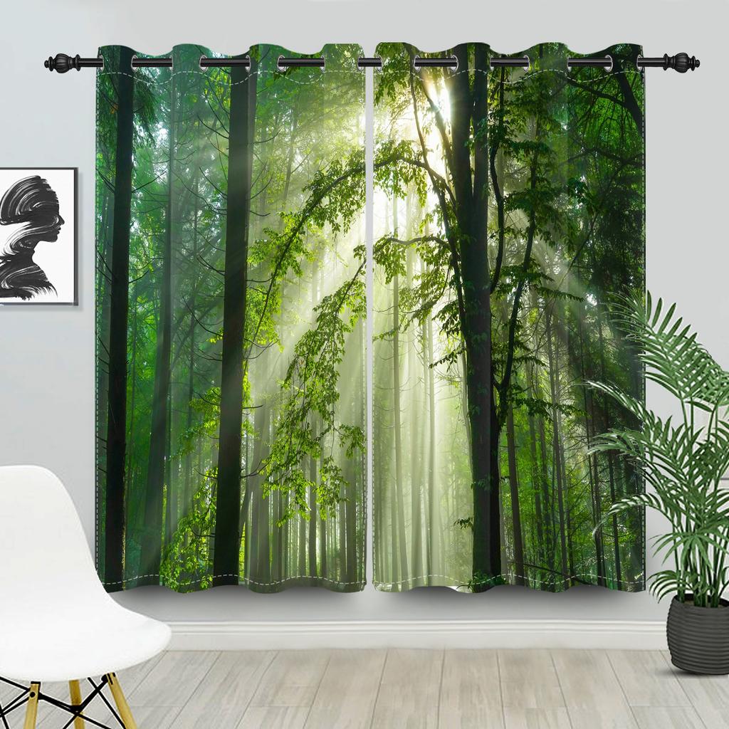 2pcs/set Blackout Curtains Sunny Forest Natural Green Space Landscape Polyester Window Bedroom Kitchen Home Interior Curtains