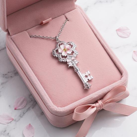 Cherry Blossom Key Necklace Pendant Pink Enamel Alloy Choker Romantic Jewelry Gift for Women Girlfriend Mom