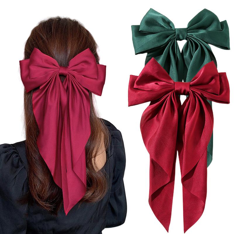 Korean Accessories Hair Clips for Women Girls Big Bowknot Solid Satin Long Ribbon Bows Spring Clamp Barette Cheveux Femme 2026