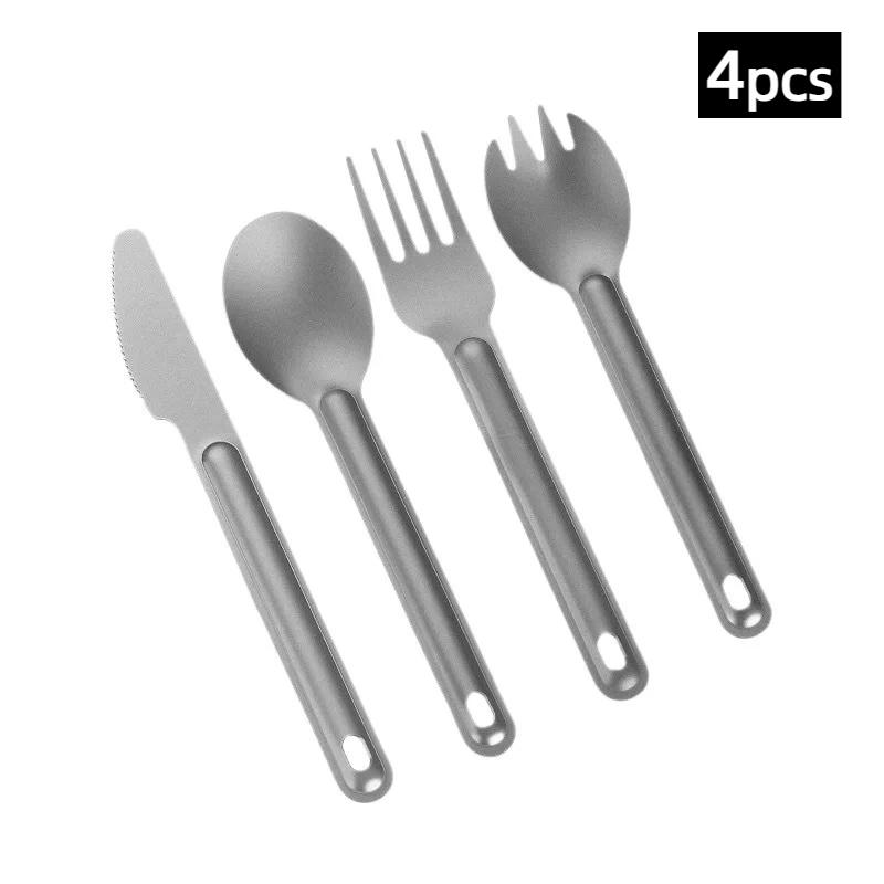 1/4Pcs Portable Camping Titanium Metal Long Handle Anti Scalding Anti-slip Spoon Fork Light Weight Tableware