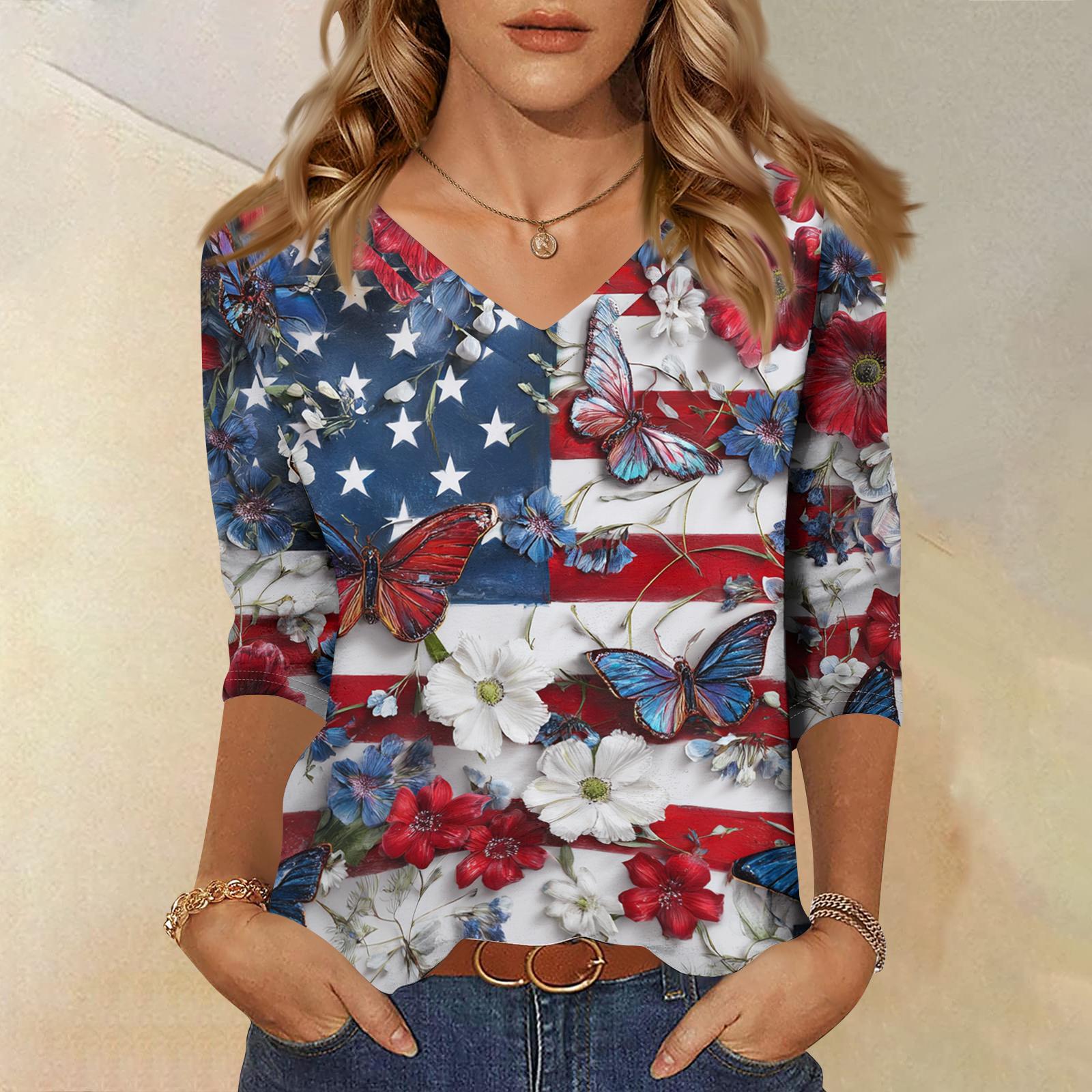 

Женская модная повседневная футболка с принтом американского флага и звезд ко Дню независимости, с V-образным вырезом, рукавом три четверти L бежевый