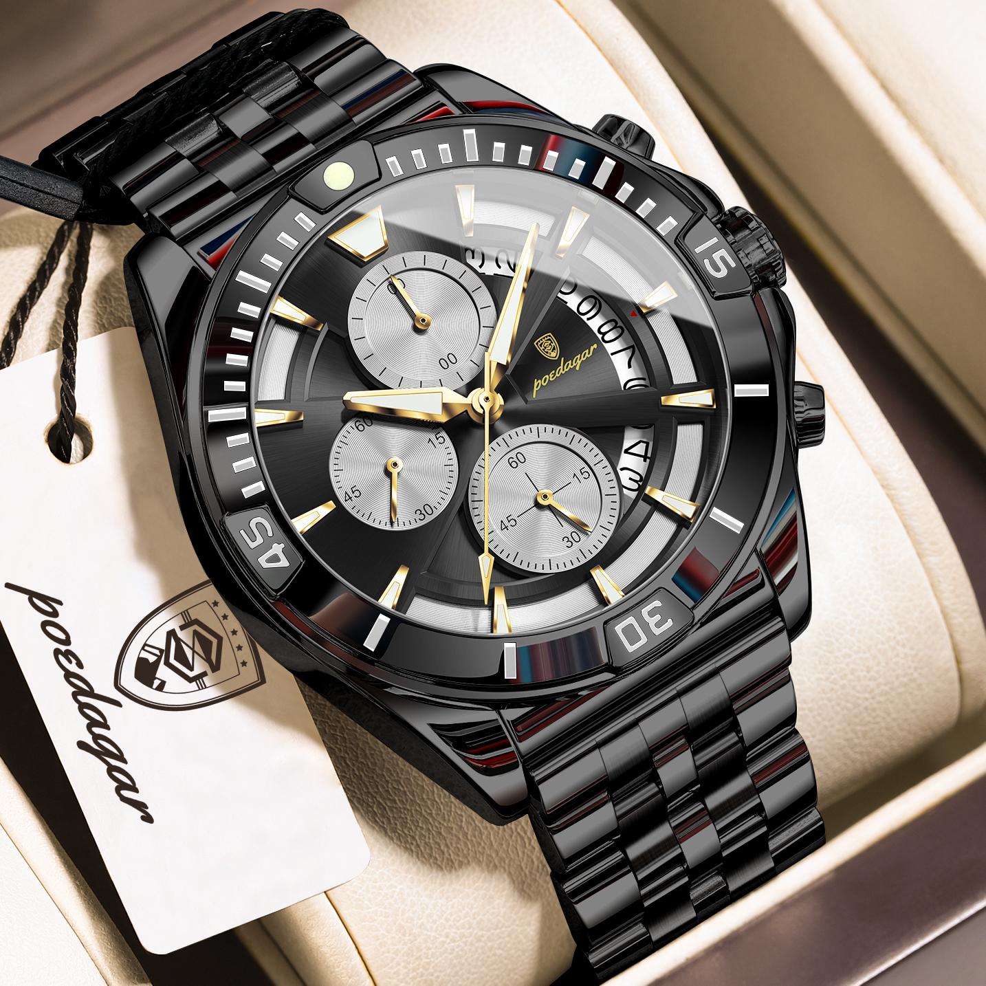 POEDAGAR Luxus Sport Herren Armbanduhr Wasserdicht Leuchtend Chronograph Datum Quarz Herrenuhren Lässig Edelstahl Uhr schwarz