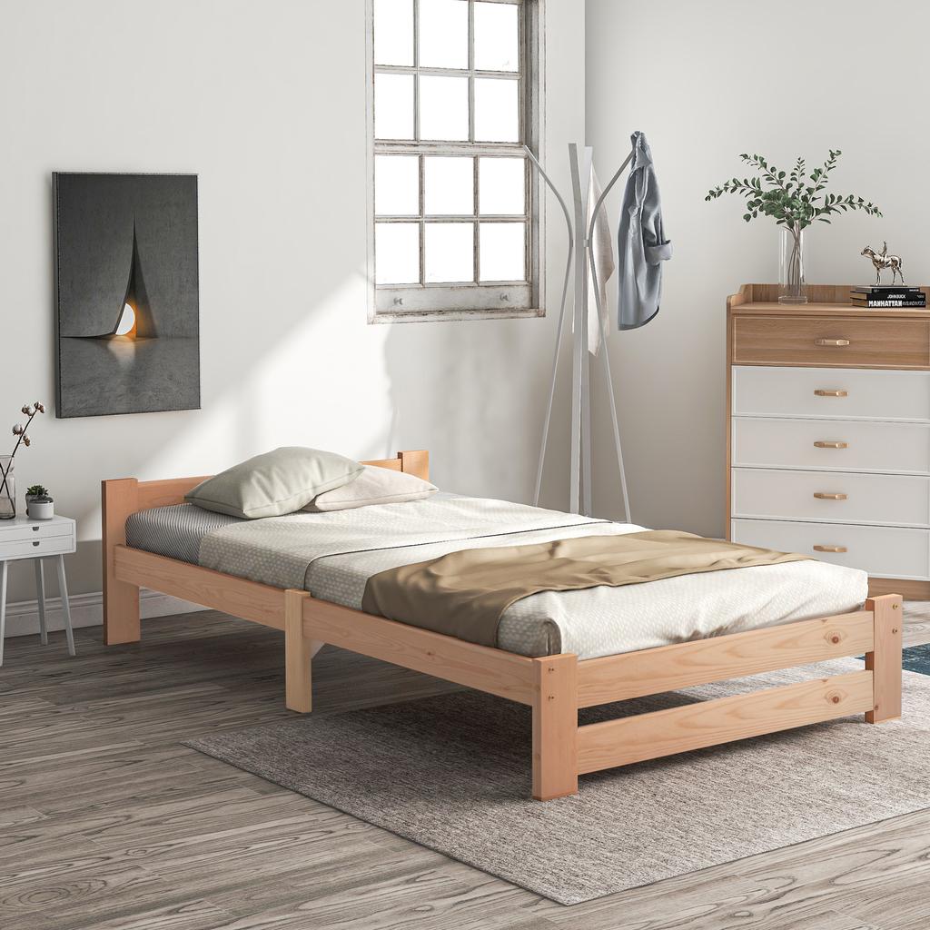 Solid Massive Wood Bed Futon Bed Solid Wood Natural Bed with Headboard and Slatted Frame, Natural (200x90cm)