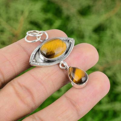 Natural Tiger'S Eye Gemstone Pendant Handmade 925 Sterling Silver Indian Jewelry
