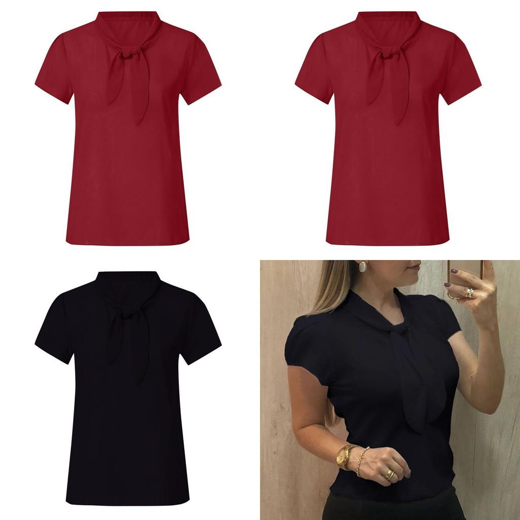 Camisa Blusa Feminina Versátil de Moda Manga Curta Laço Chiffon Para Verão Uso Casual