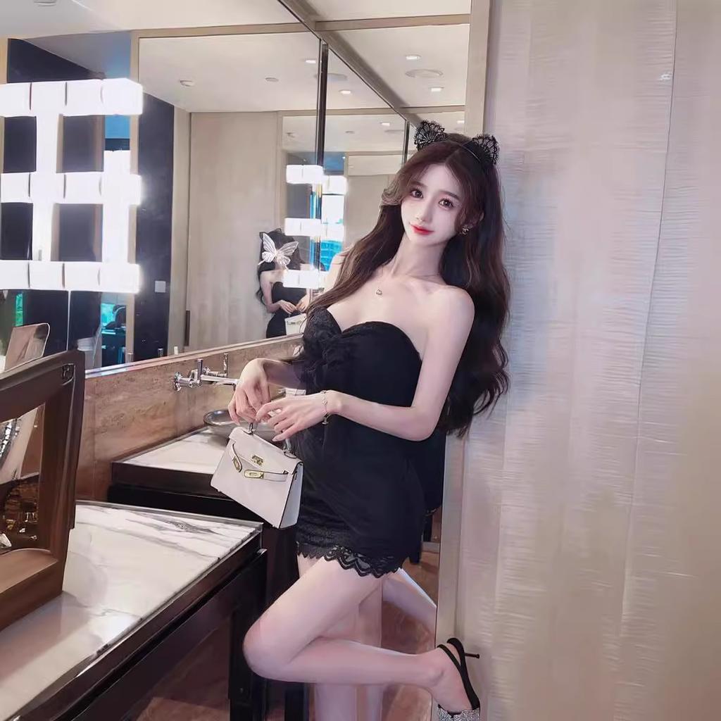Summer New Sexy Lace Neck Sling Tube Top Bottom Dress Scheming Thin Hip Wrap Small Black Dress