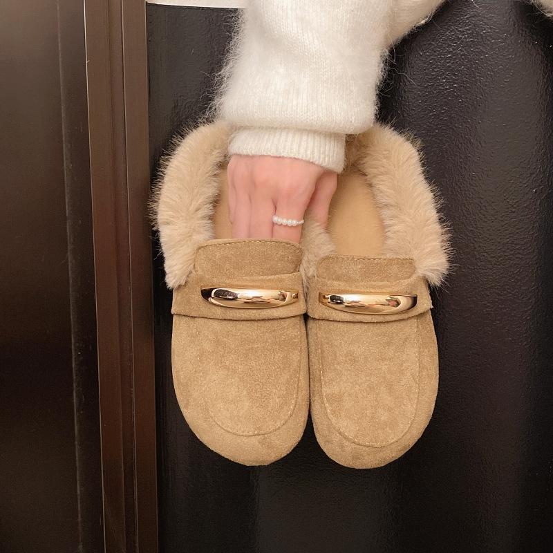 2025 Autumn and Winter New Retro Mori Plush Cotton Shoes Bag Head Half Drag Muller Shoes Fringed Warm Fluffy Shoes Women