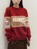 AFFFREEDO Red Fair Isle Retro Knit Sweater - Round Neck, Long Sleeve for Autumn/Winter