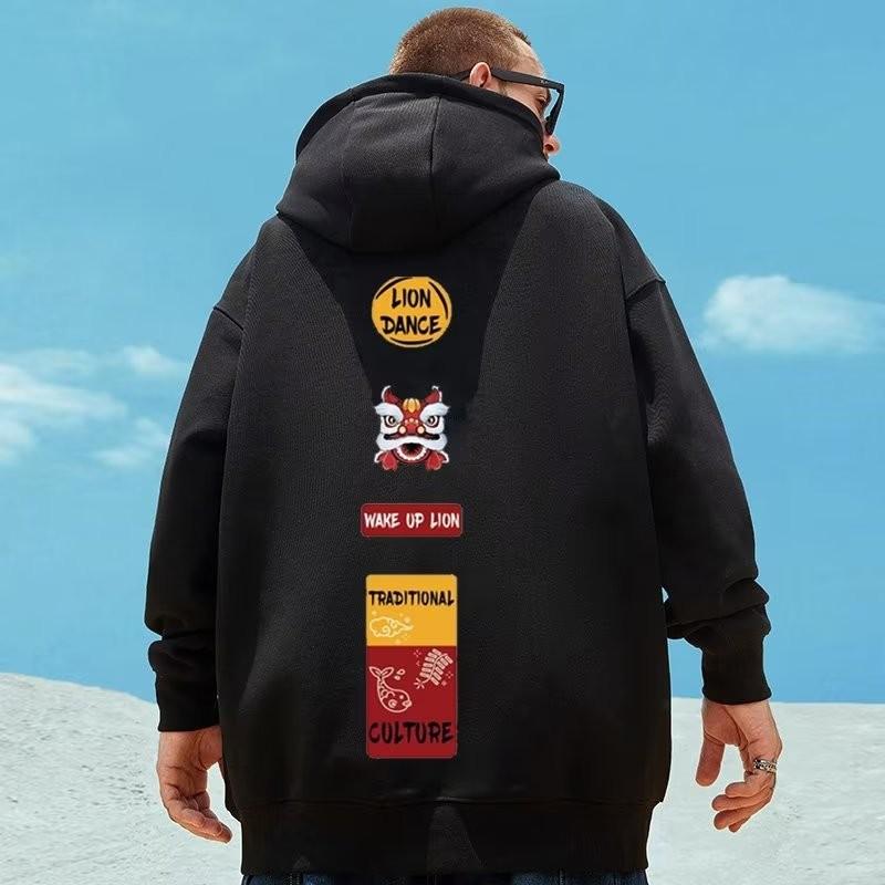 

M-8XL Американская мода Худи Чайнатаун Элемент китайского шика Принт «Танец льва» Мужская свободная теплая куртка S