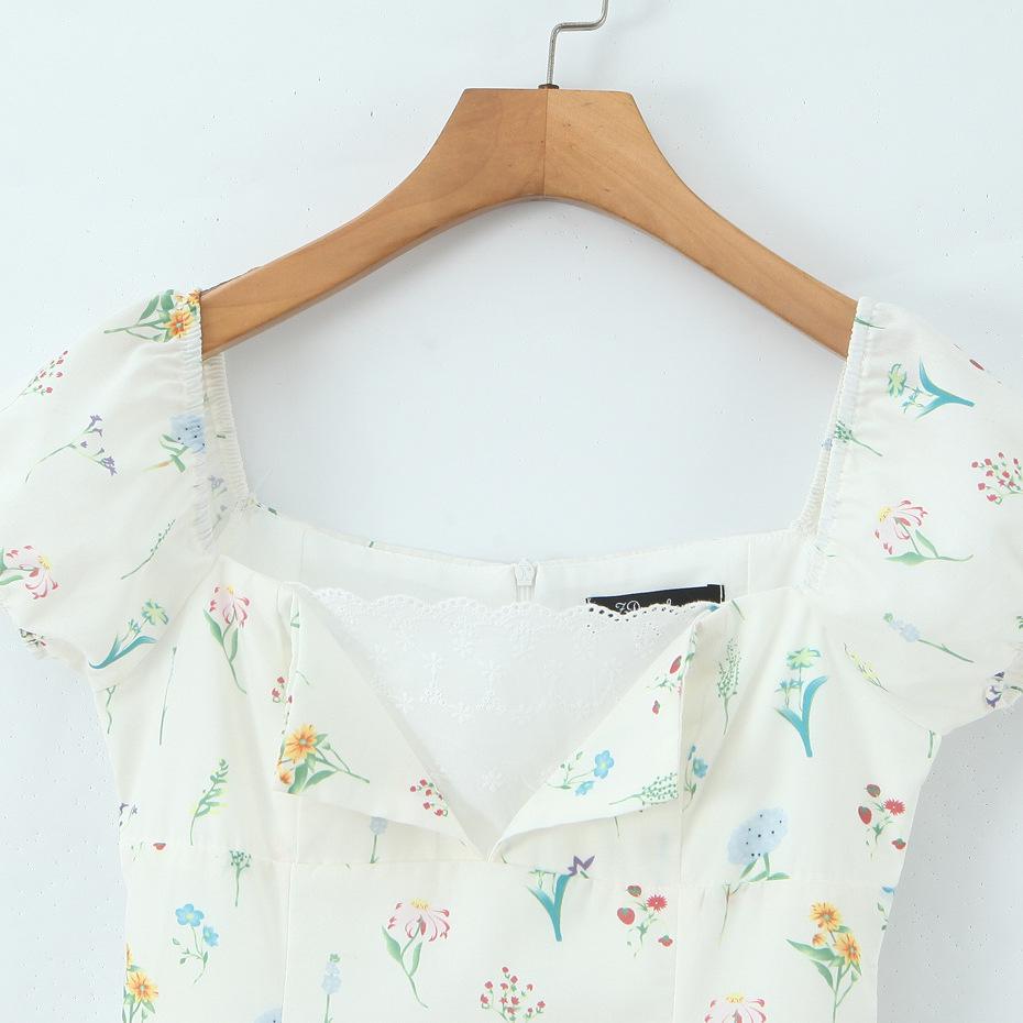 2025 Chic Puff Sleeve Mini Dress with Sweet Print - French Square Neck, Holiday Style