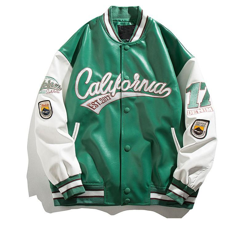Men's PU Leather Baseball Jacket - Trendy American Style for Spring & Autumn, Niche Design, Couple's Splicing Jacket.