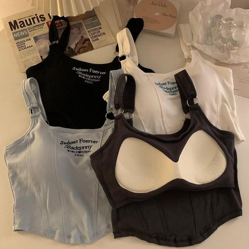 Camisetas sin mangas cortas con letras de diseño y almohadilla para sujetador, camisetas sexys a rayas delgadas, camiseta sin mangas con cinturón de hombro Y2K, camiseta sin mangas con anillo de hierro