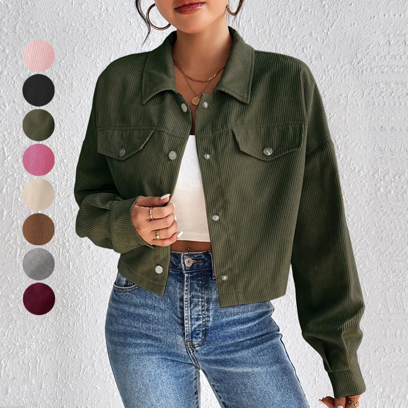 2024 Autumn and Winter Cross-border Amazon Europe, America, Temperament Slim-fitting Short Zipper Cardigan Polo Neck Corduroy Jacket