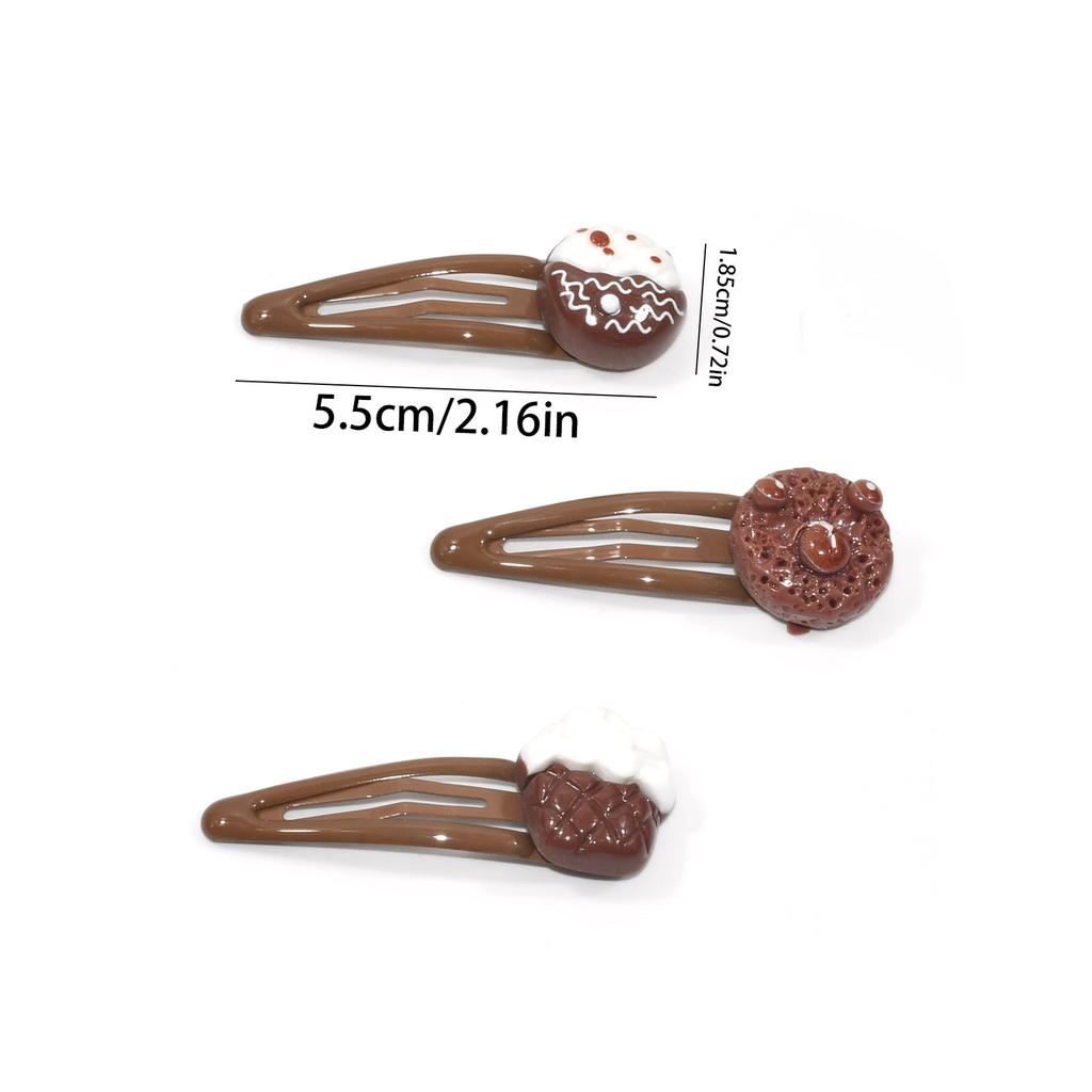 5.5cm/2.17in 3Pcs Coffee Hair Clips For Women Cute Cookie Cake Bangs Side Clip Simulated Food Girls Accessories