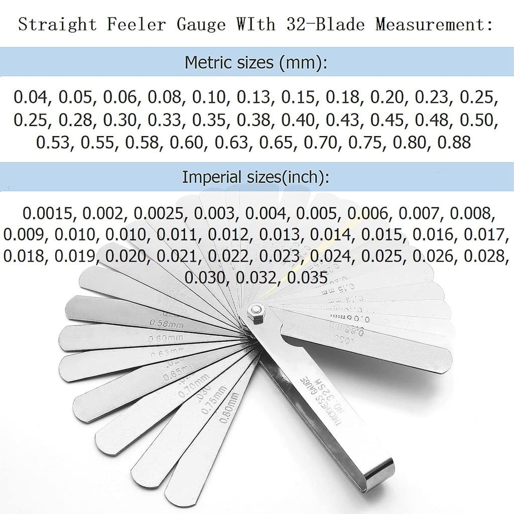 Bivethoi Feeler Gauge 32 Blades 0.05-1mm, Manganese Steel Metric Measuring Tool Set for Gap Thickness, (Length: 3.5" / 89mm)