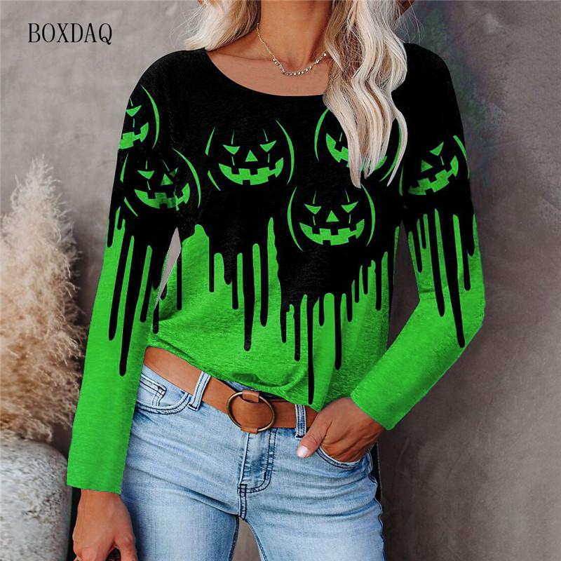 Horror Pumpkin Halloween Women Fashion T-shirts Long Sleeve 3d Print Tie-dye Street Hip Hop Ladies Tees 6XL Big Size Casual Tops
