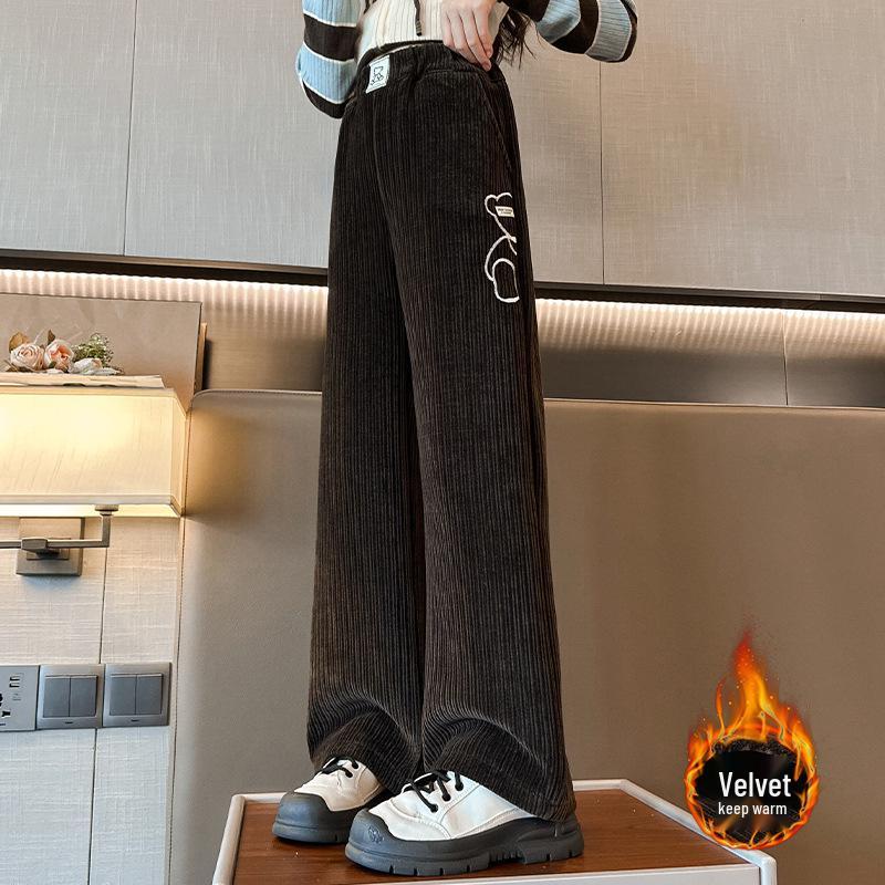 Girls' Fleece-Lined Cartoon Bear Wide-Leg Pants for Autumn/Winter