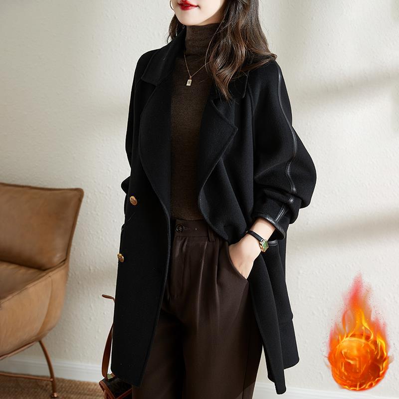 Autumn and Winter New Fashion Korean Version Shoulder Sleeves Double Breasted Versatile Temperament Suit Collar Commuter Woolen Jacket Women