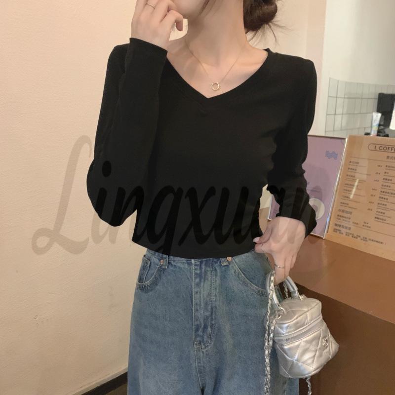 

Korean Style Slim V-Neck Long-Sleeve Women s T-Shirt Large чорний