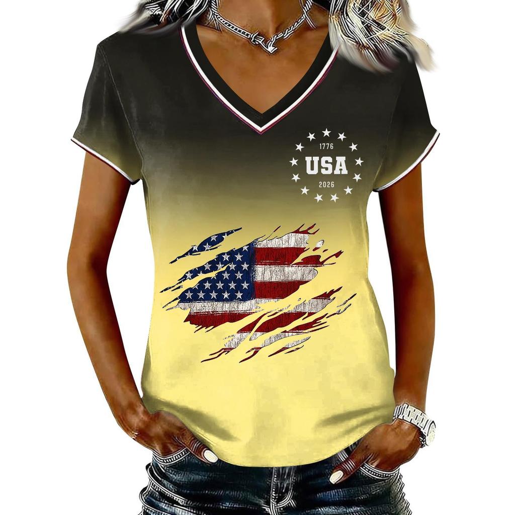 T-shirt Pull Col V Manches Courtes Décontracté pour Femme Imprimé Patriotique Dégradé Haut Jour de l'Indépendance T-shirt Graphique Drapeau USA