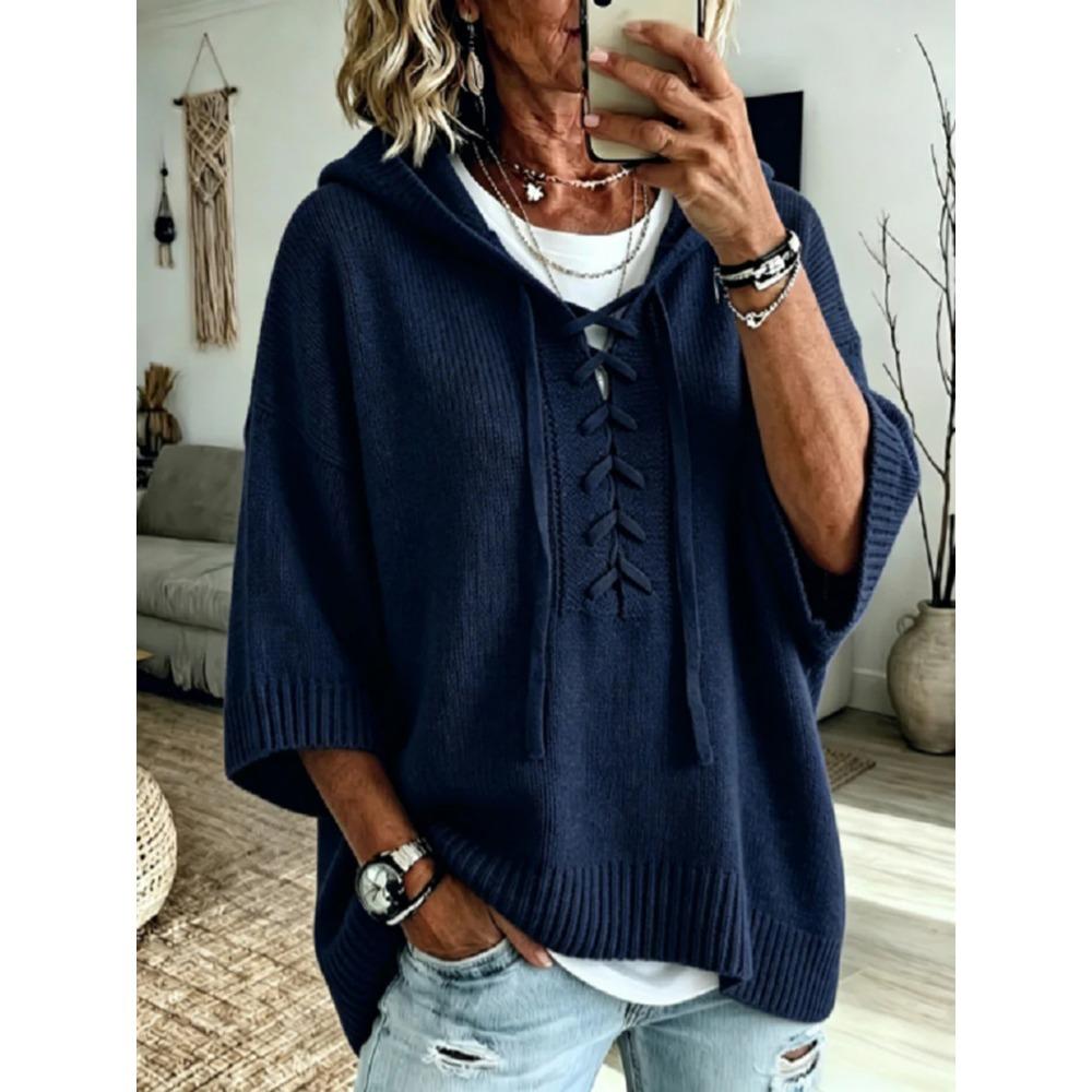 Women's New Knit Hooded Drawstring Sweater Loose Comfortable Hoodie Casual Soft Knitted Pullover Sweatshirt Top