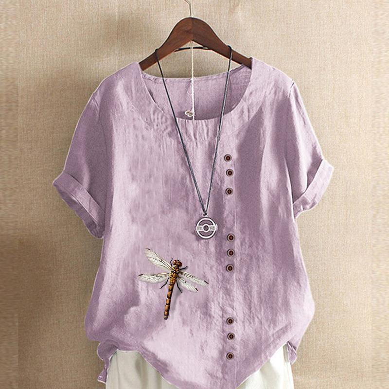 Women's Fashion Dragonfly Prined Round Neck Short Sleeve T-shirt Casual Cotton Linen Graphic Shirt Leisure Loose Summer Blouse Tops