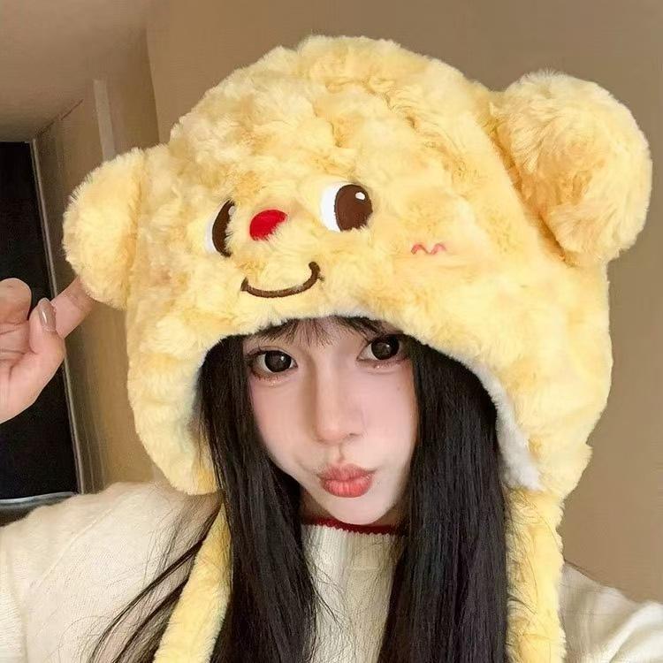 

Cute bear hat scarf integrated women s autumn and winter thickened warm plush ear protection hat double-sided pullover Lei Feng hat