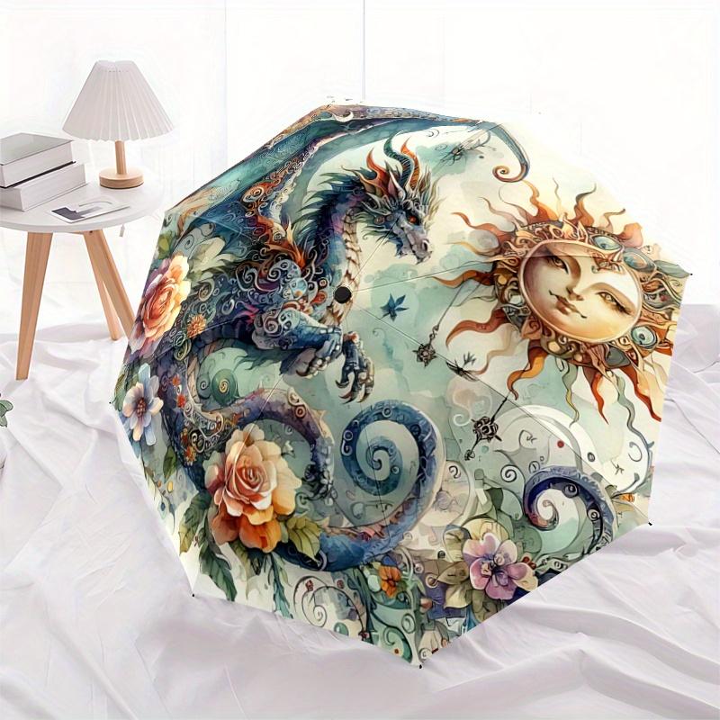 1pc Enchanted Dragon s Garden Automatic Opening/Closing Umbrella with Portable Tri-Fold Design, 8-Bone Iron Frame - Outdoor Umbrella for Festival