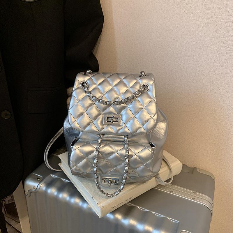 New High-end Fashion Light Luxury Pumping Belt Embroidered Thread Rhombus Backpack Versatile Women's Backpack Bag