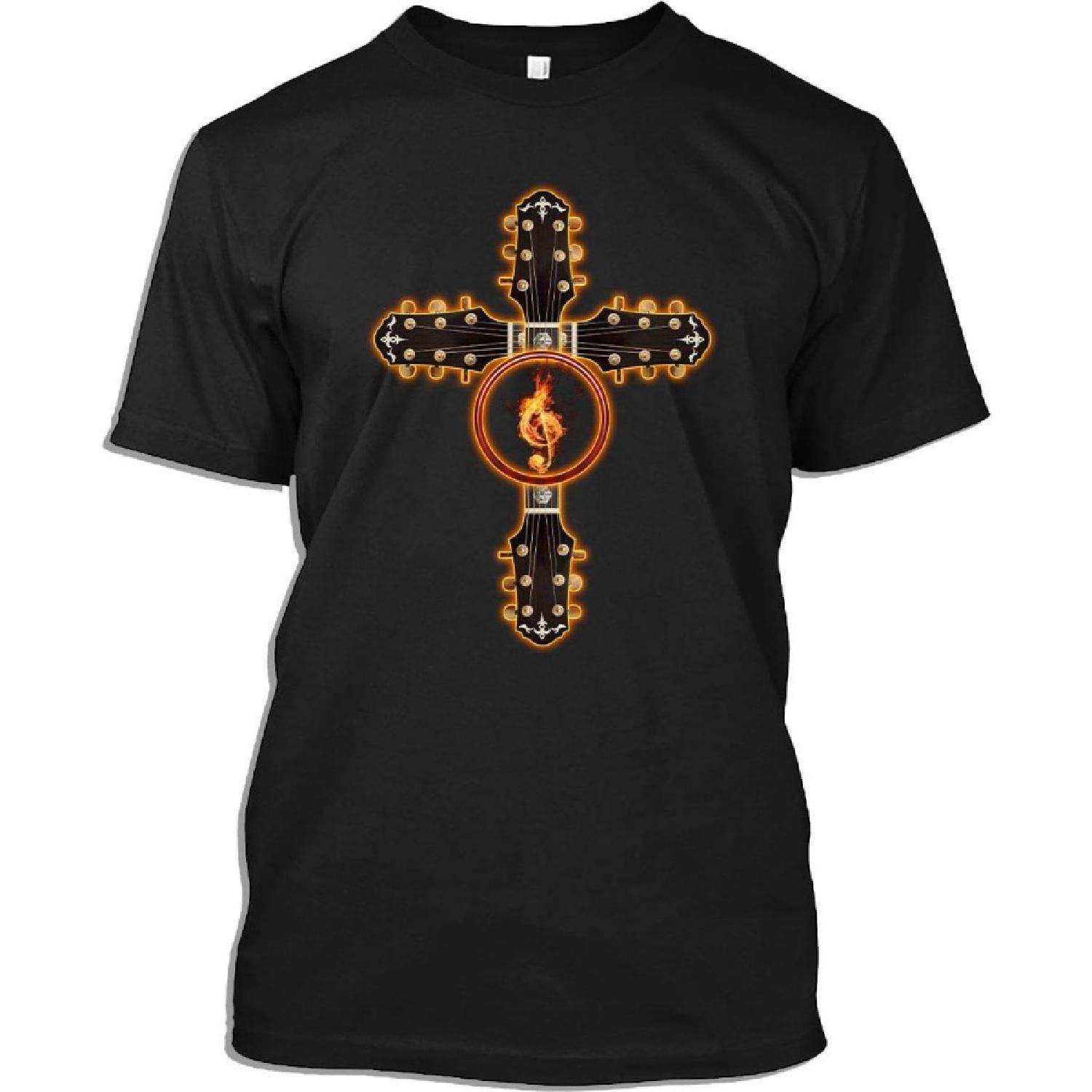 Funny Guitar Tshirt Guitar Cross Fire Symbol T-Shirt for Men Women (Black - 2XL) S