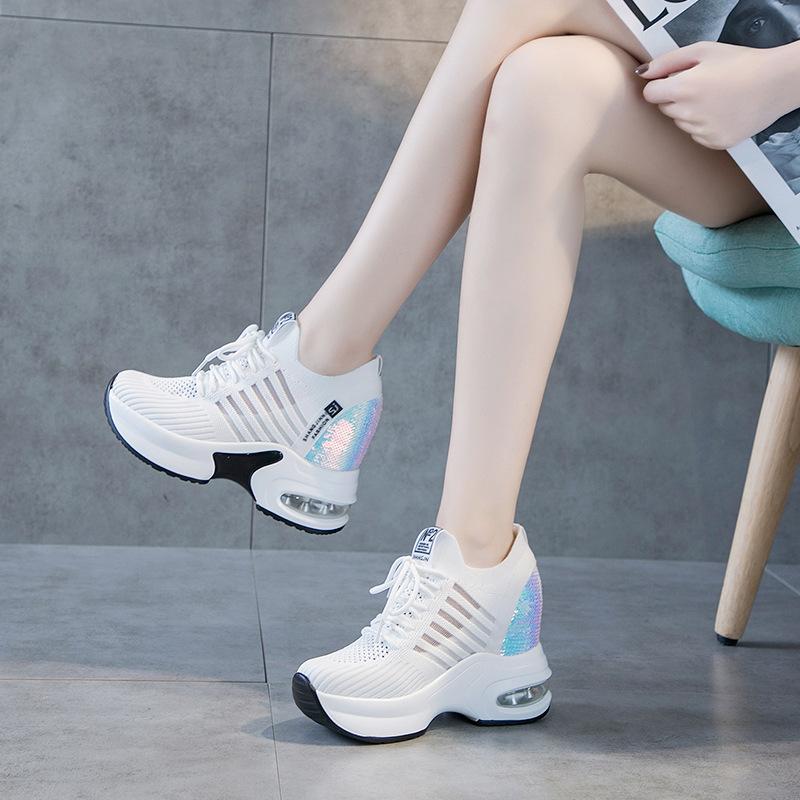 Fashion 2025 Spring Sequined Casual Shoes Women's Sneakers Ladies Platform Heels Wedges Height Increasing Knitted Women Vulcanized Shoes
