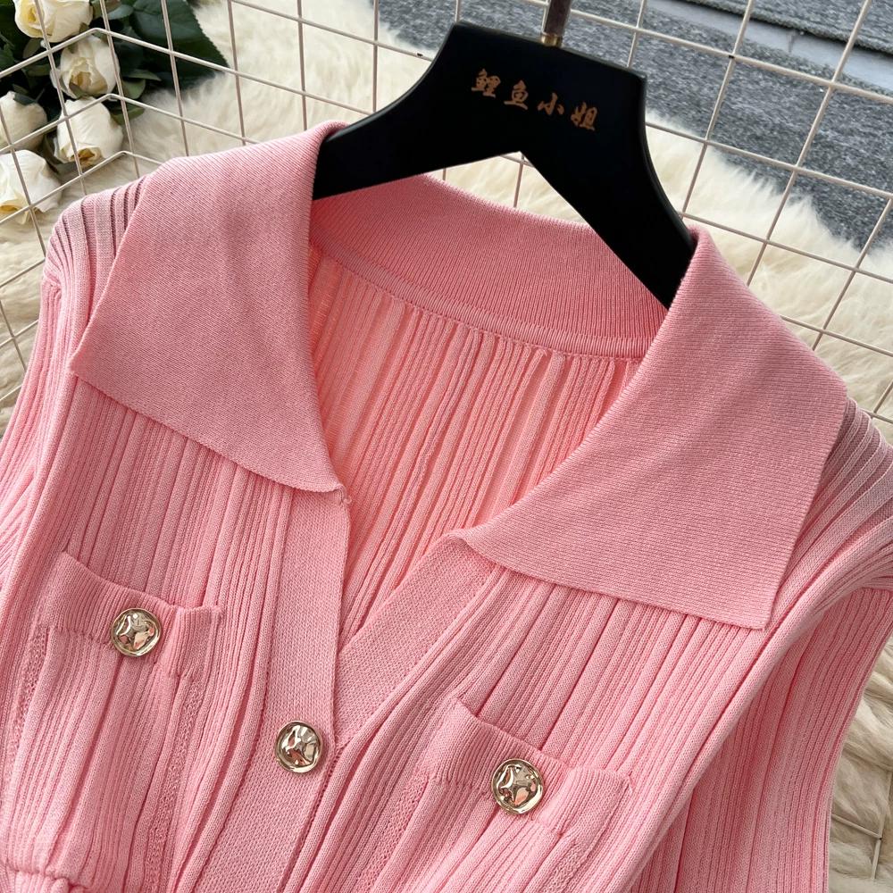 Summer Autumn Pink Button-Down Short Sleeve Short Knit Dress for Women Elegant Turn Down Collar Single-breasted Ruffles Slim Sweater Dresses